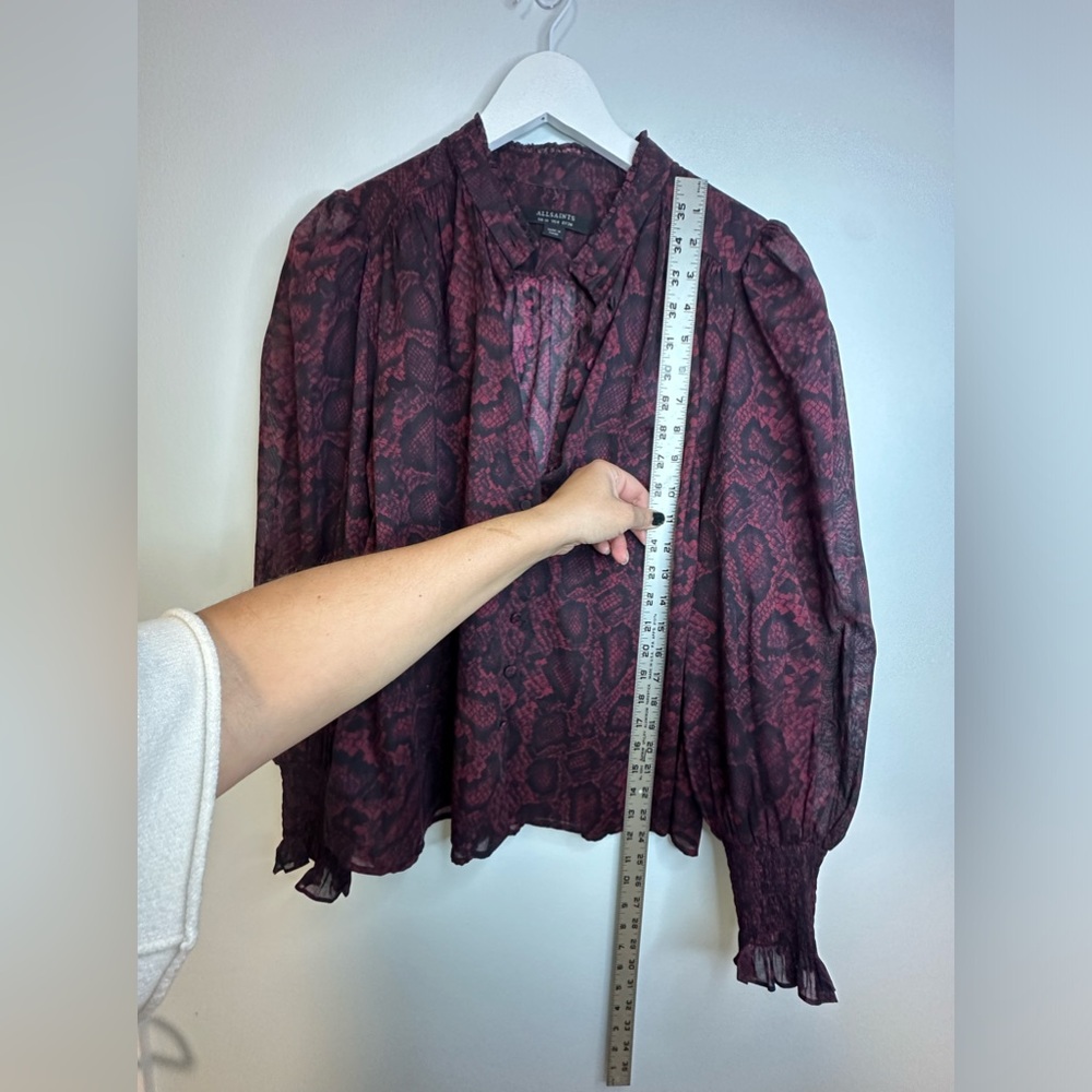 ALLSAINTS Leonie Stanza Shirt in Burgundy Red Python Sheer Print US Size 6 - Picture 14 of 17